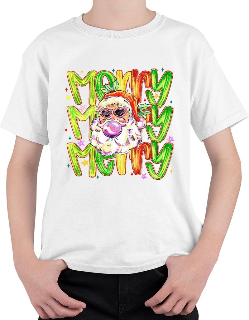 Merry Merry Weihnachtsmann Bubblegum Herzbrille bunt Retro Uni Kinder T-Shirt, Weiß, 152