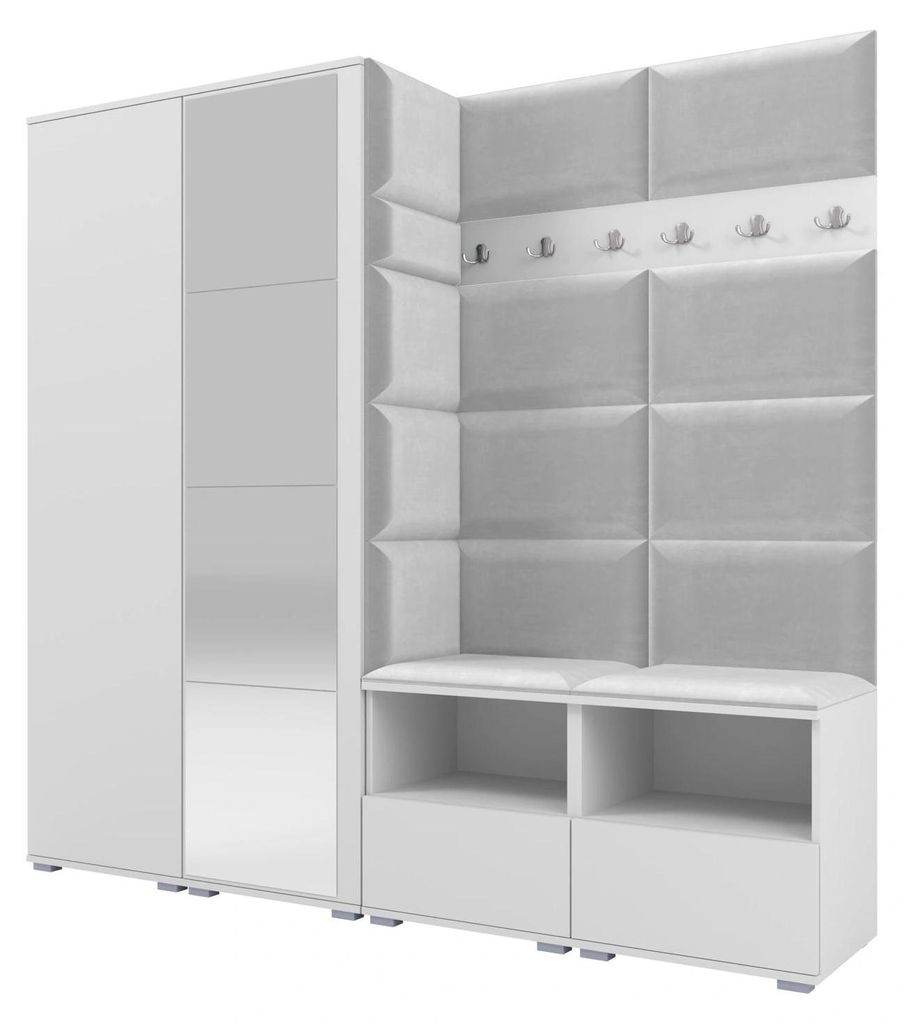 Garderobe NELA VI 200 cm Kompaktgarderobe Weiß mit Spiegel & Sitzpolster Hellgrau 32 (Schrank & Paneel)