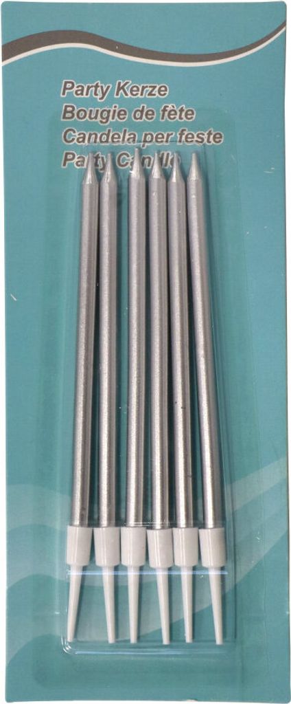 Tortenkerzen Silber mit Halter 11 cm, 6 Stück, für Geburtstagstorte, Jubiläum, Hochzeit