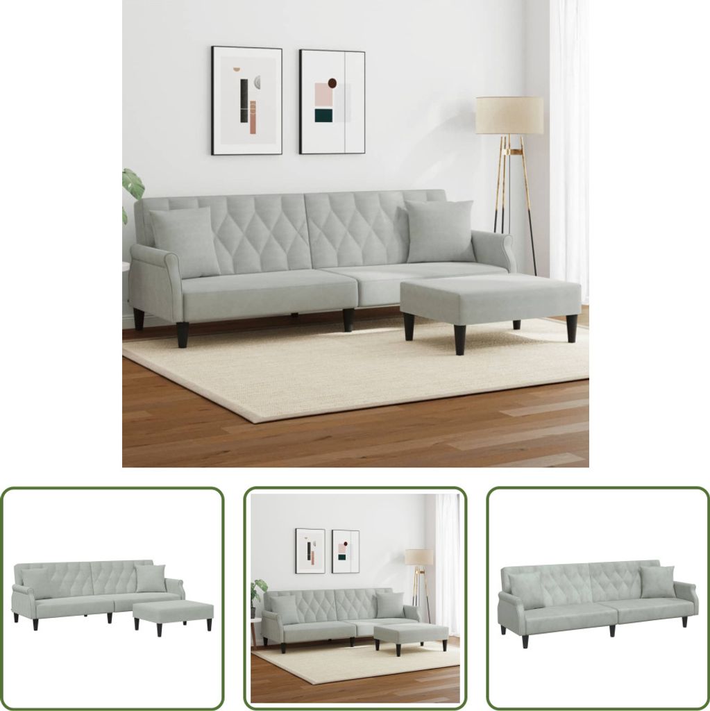 The Living Store Schlafsofa 2-Sitzer mit Kissen und Fußhocker Hellgrau Samt