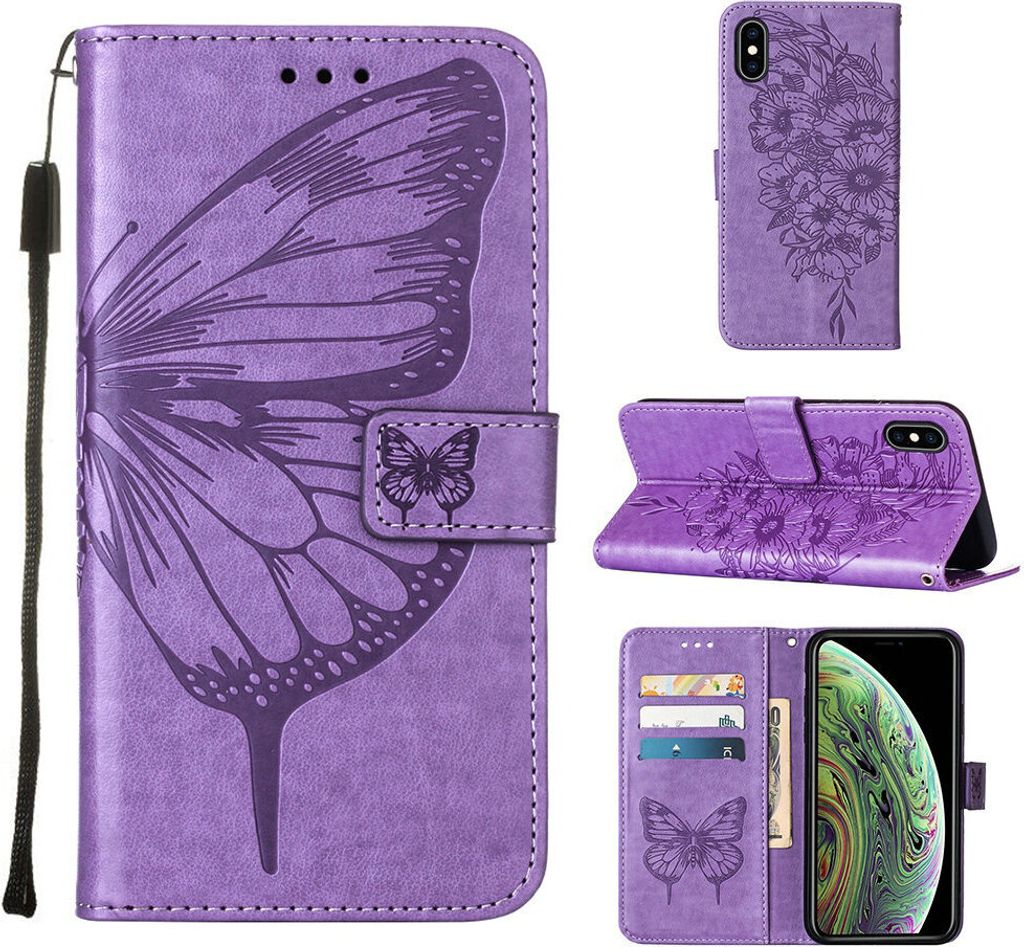 iPhone XS Max Hülle, Schmetterling Prägung Flip Leder Kartenfächer Schutzhülle Ledertasche mit Ständer für iPhone XS Max Violett