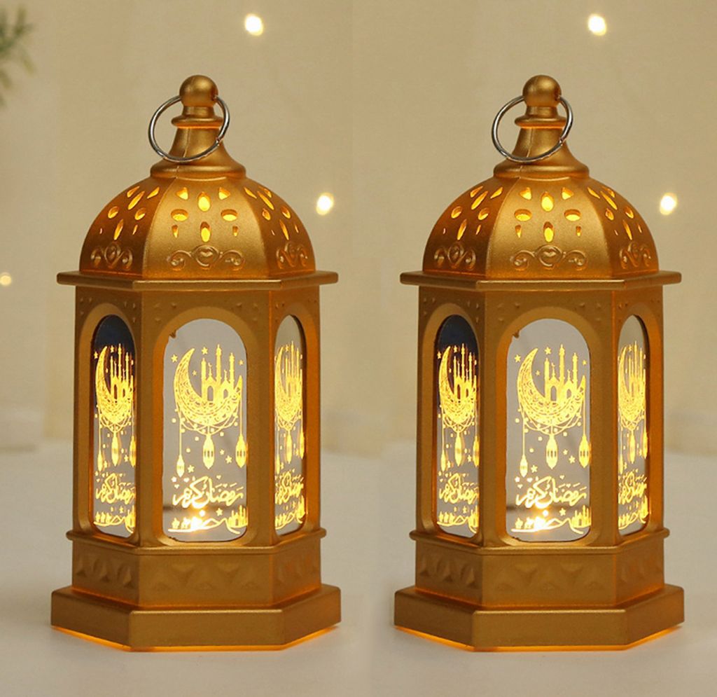 2Stk Ramadan Deko Lampe,Eid Mubarak Laterne Mond Stern Dekoration, Hängend Ramadan Deko Licht für Muslimische Festival Dekorative(Gold)