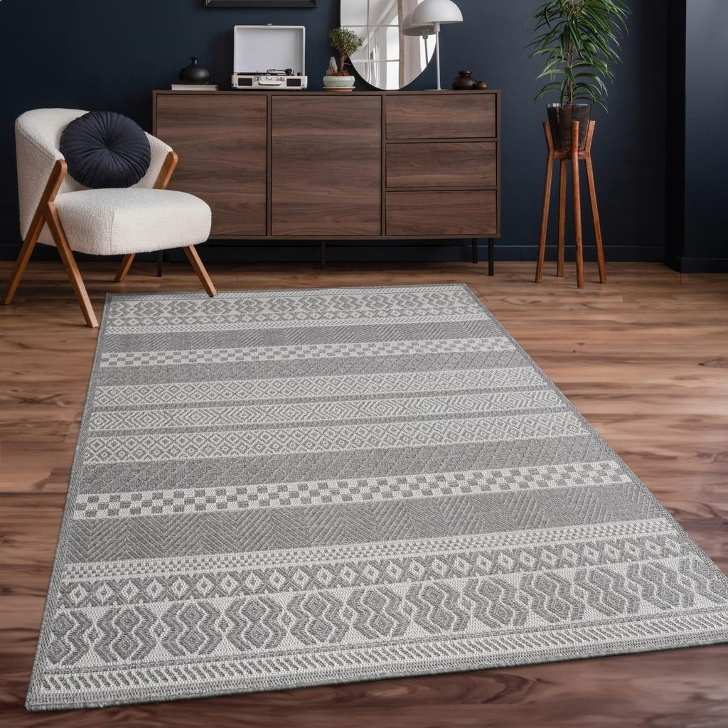 Teppich Kurzflor Streifen Boho Wohnzimmer schmutzabweisend Grau Läufer 80x150 | 100% Polypropylen, Rücken aus Polypropylen | pflegeleicht
