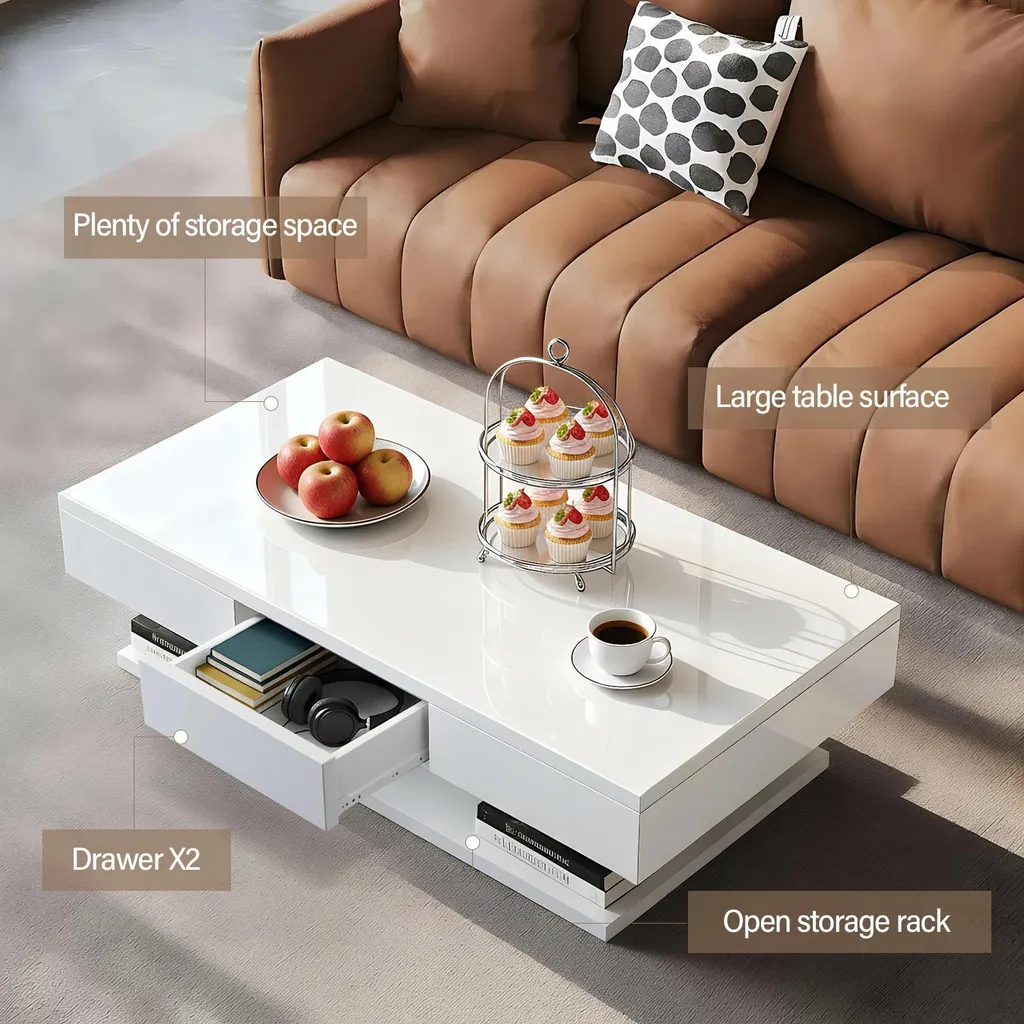 Table basse avec 2 tiroirs de rangement et niche ouverte - Blanc moderne