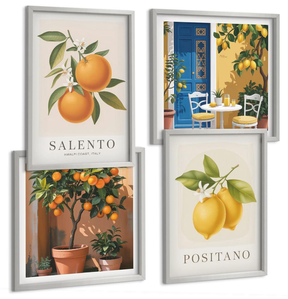 Bilder Set 4-teilig im silbergerahmten Rahmen – Wandbilder 4 Stück – gerahmte Poster für Wohnzimmer, Schlafzimmer und Flur – 50x50 cm - 40x...