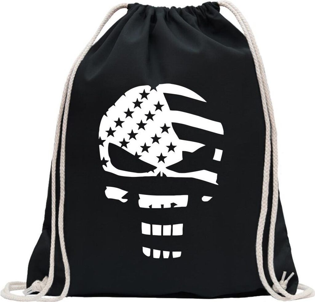 Kiwistar - Turnbeutel - schwarz - US Punisher Skull - Fun Rucksack Sport Beutel Gymsack Baumwolle mit Ziehgurt