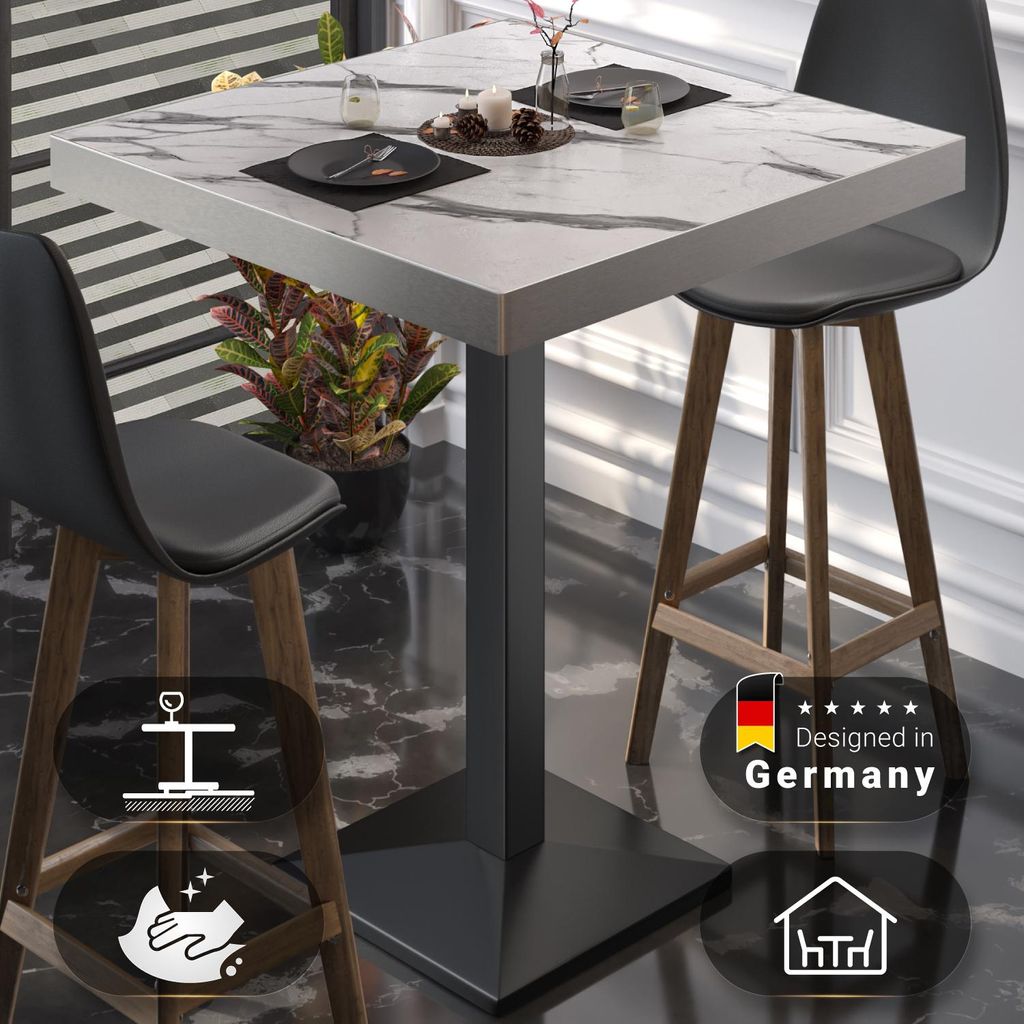 BPA | Bistro Stehtisch | 80 x 80 x 114 cm | Edelstahl Rand | Quadratisch | Weiß Marmor / Schwarz | Gastro Steh Tisch Restaurant