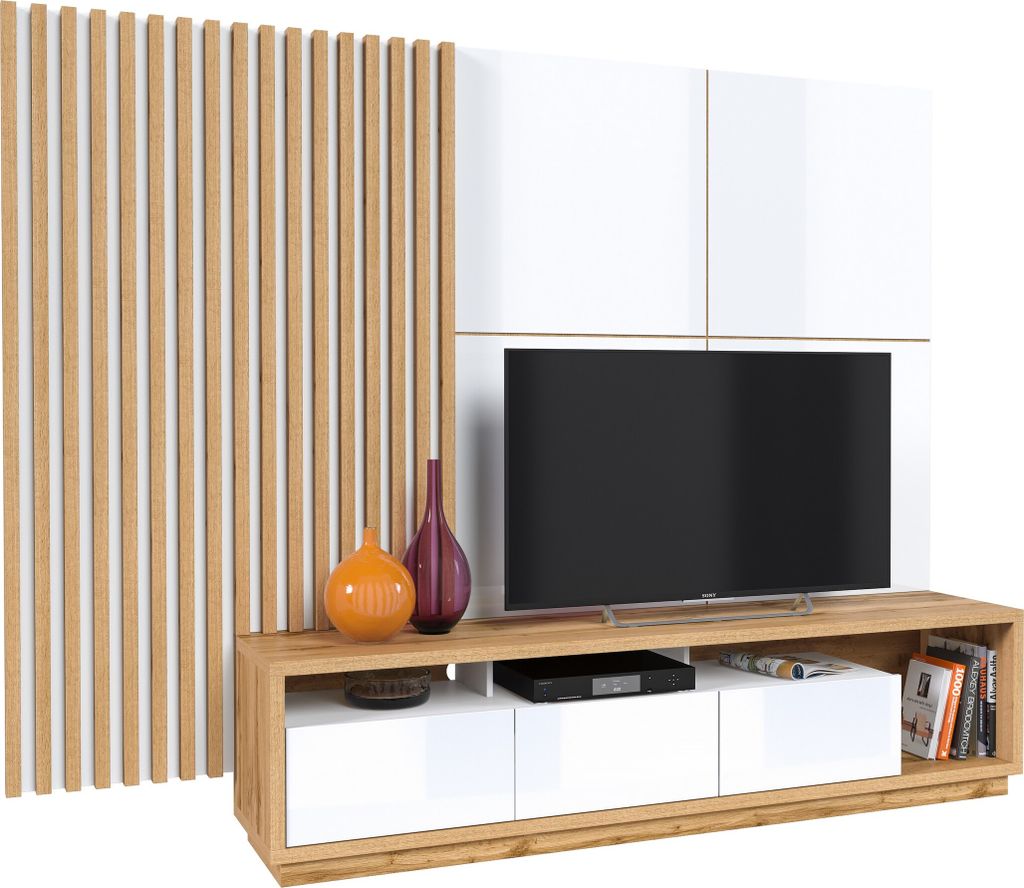 Furniture24 Wohnwand CELINE 10 Lowboard mit Wandpaneel Lamellenwand 4-teilig 251cm Schrankwand Fernsehschrank