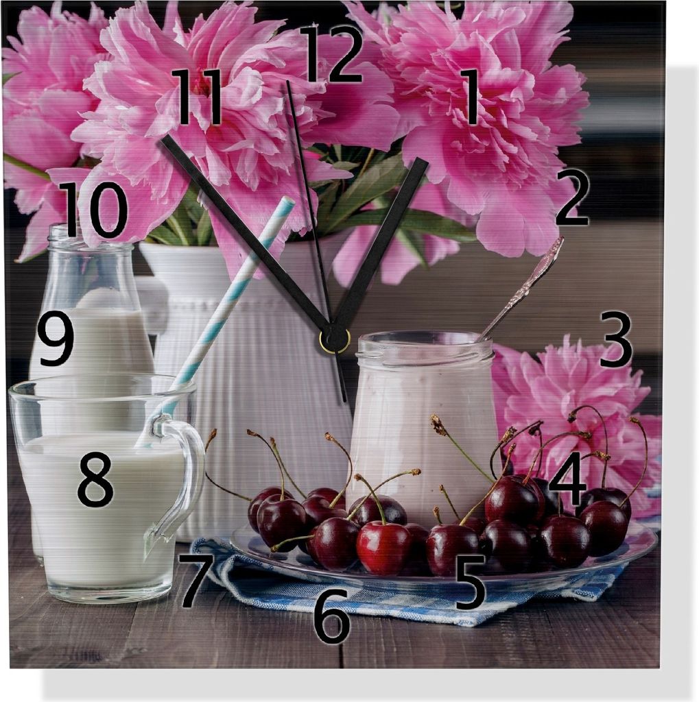 Wallario Design Wanduhr Milch mit Kirschen zum Frühstück mit rosa Blumenarrangement aus Aluverbund, Größe 30 x 30 cm