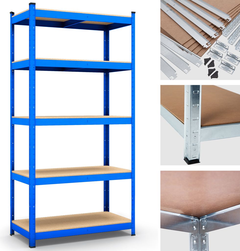 A blue metal shelving unit with wooden shelves, shown from the front, with close-up detail shots of its construction on the right.