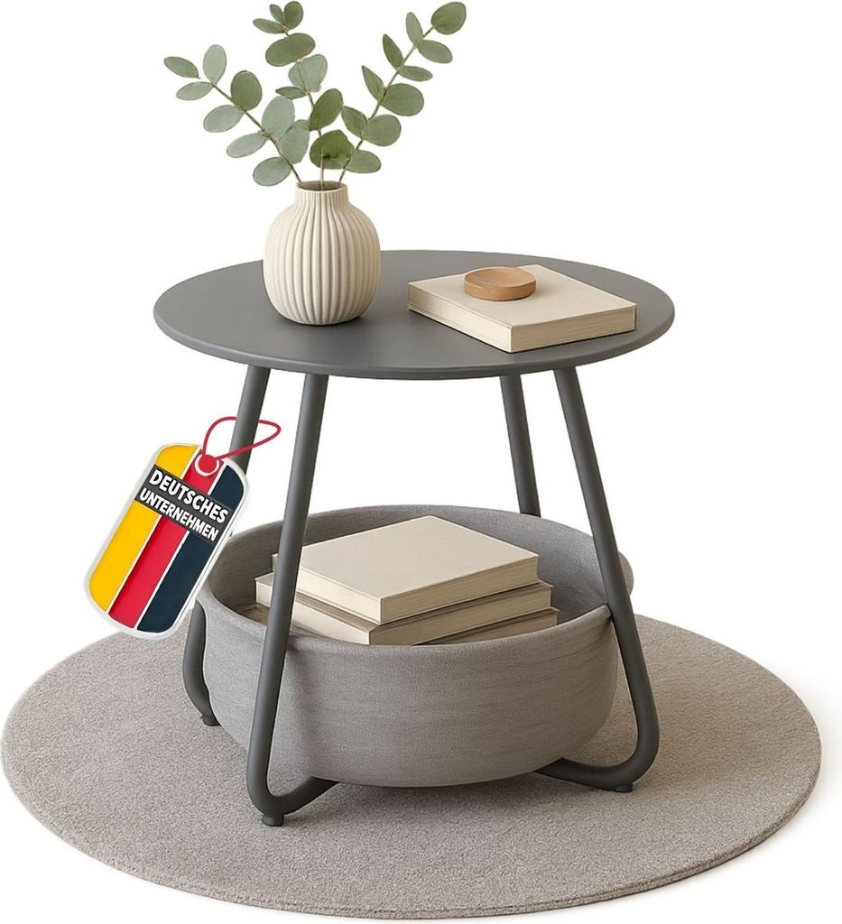 Couchtisch KOSI Grau aus Metall Ø 45 x 45 cm mit Aufbewahrungskorb Canvas, Beistelltisch rund mit Ablage - Wohnzimmertisch im Vintage Style, Sofat...