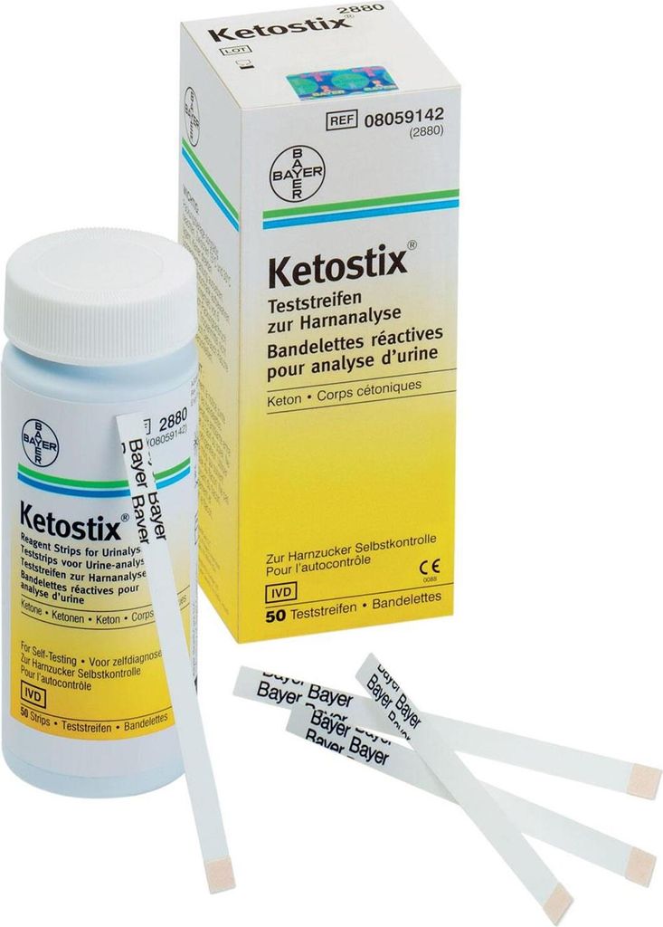 A bottle of Bayer Ketostix test strips and its packaging are shown against a white background.
