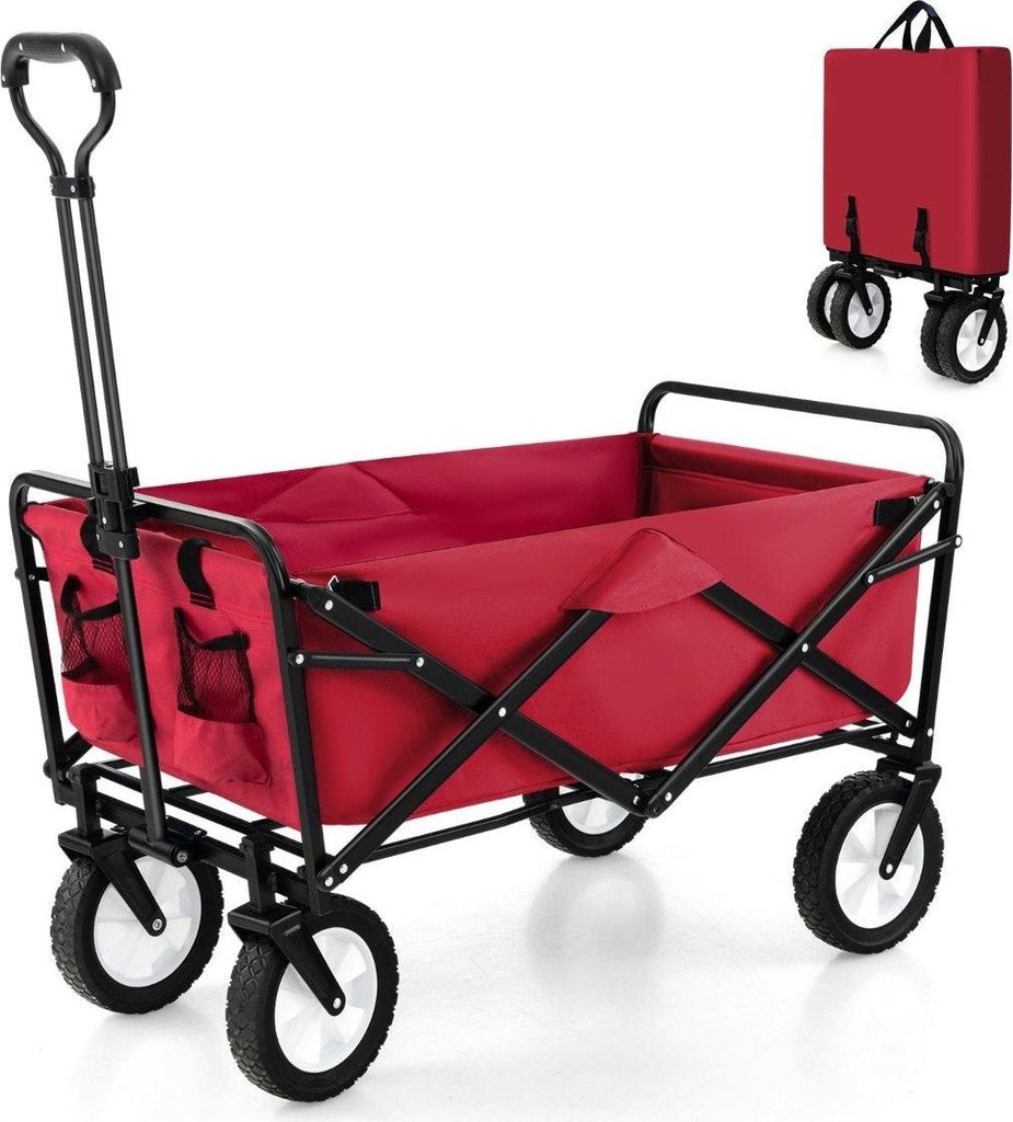 Faltbarer Bollerwagen mit Verstellbarem Griff & Getränkehaltern bis 68 kg Belastbar für Einkaufen Camping Rot