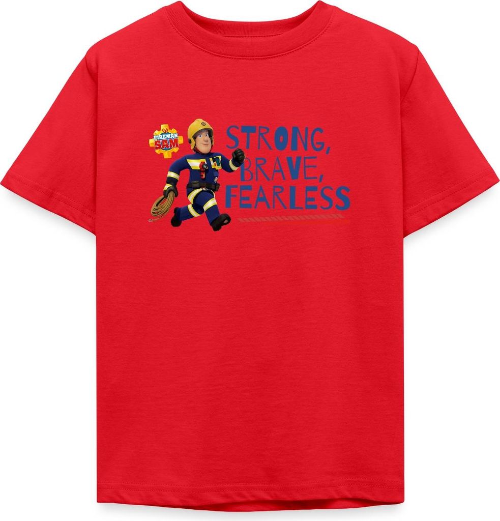 Spreadshirt Feuerwehrmann Sam Strong, Brave, Fearless Kinder T-Shirt, 122/128 (7-8 Jahre), Rot