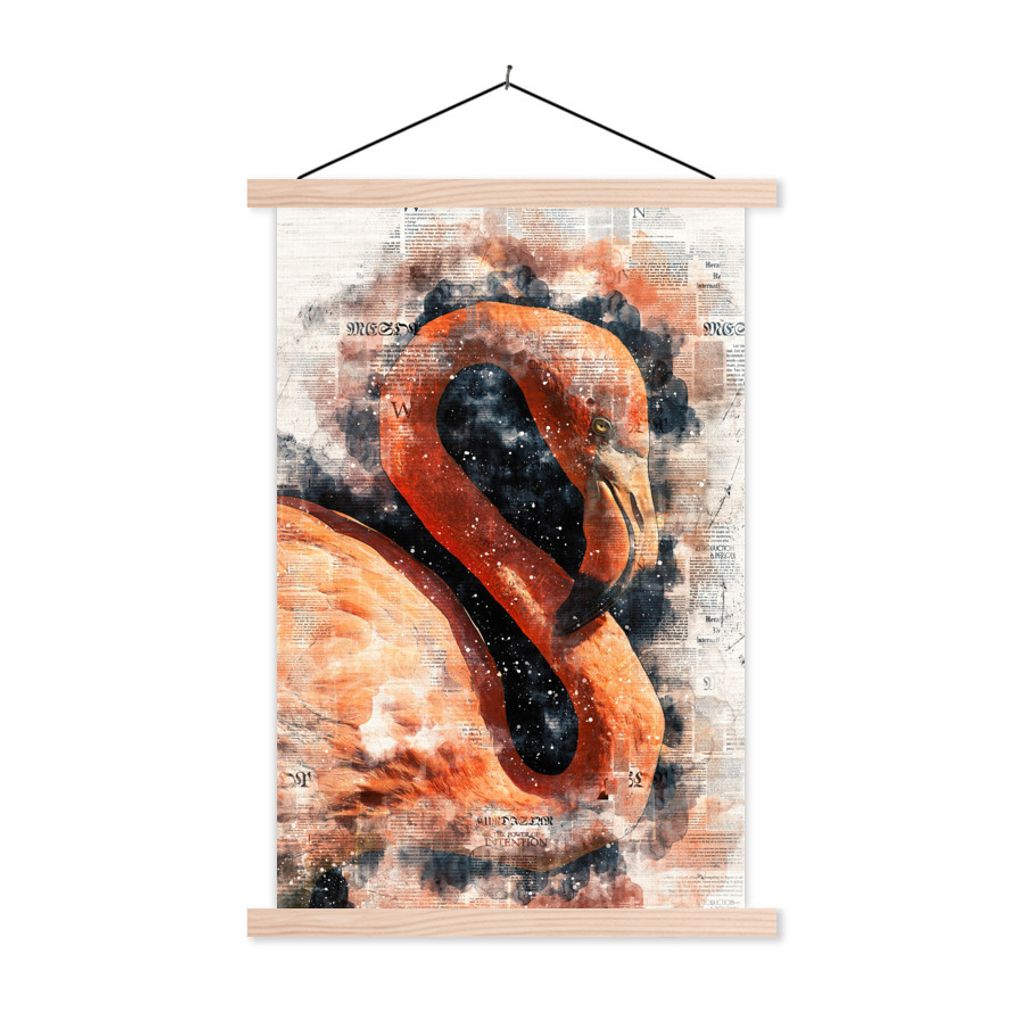 MuchoWow Textilposter Flamingo - Sterne - Zeitung 60x90 cm mit holzfarbenen Rahmen - Textil