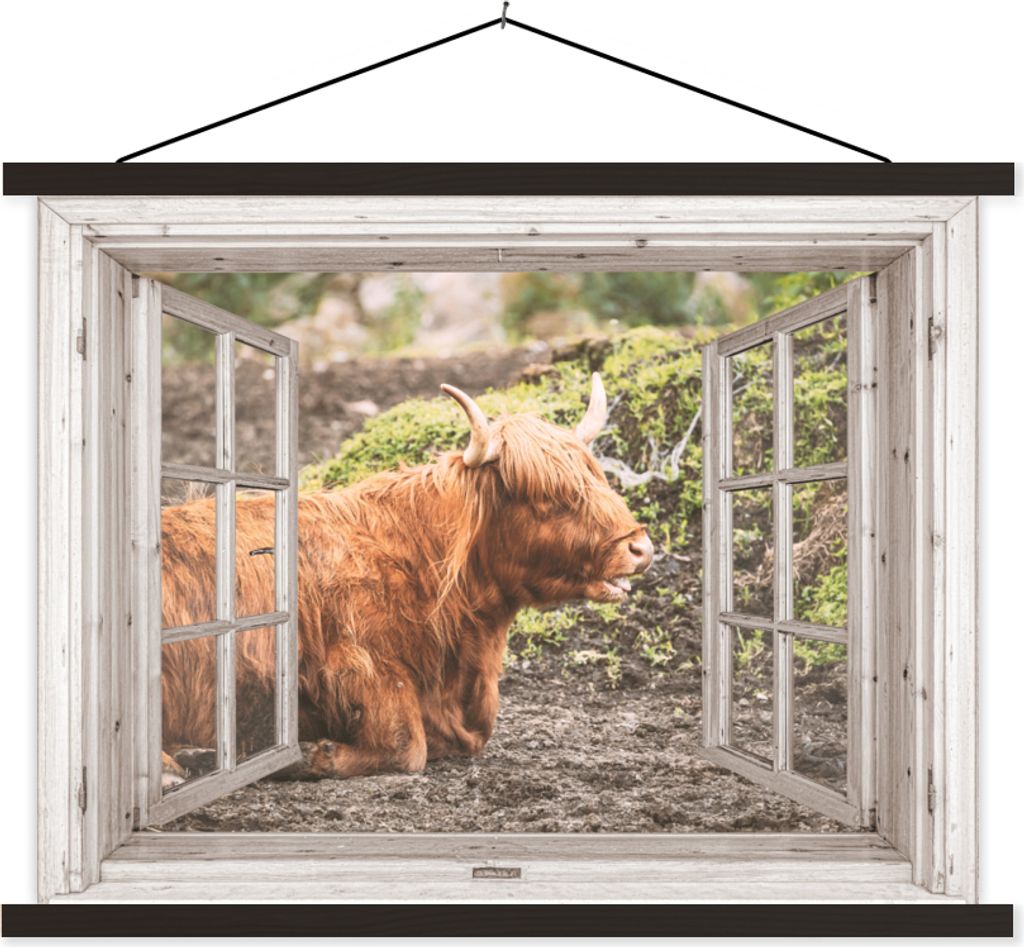 MuchoWow Textilposter Schottisches Hochlandrind - Durchblick - Tier - Natur 120x90 cm mit schwarzem Rahmen - Aufhänger für Poster