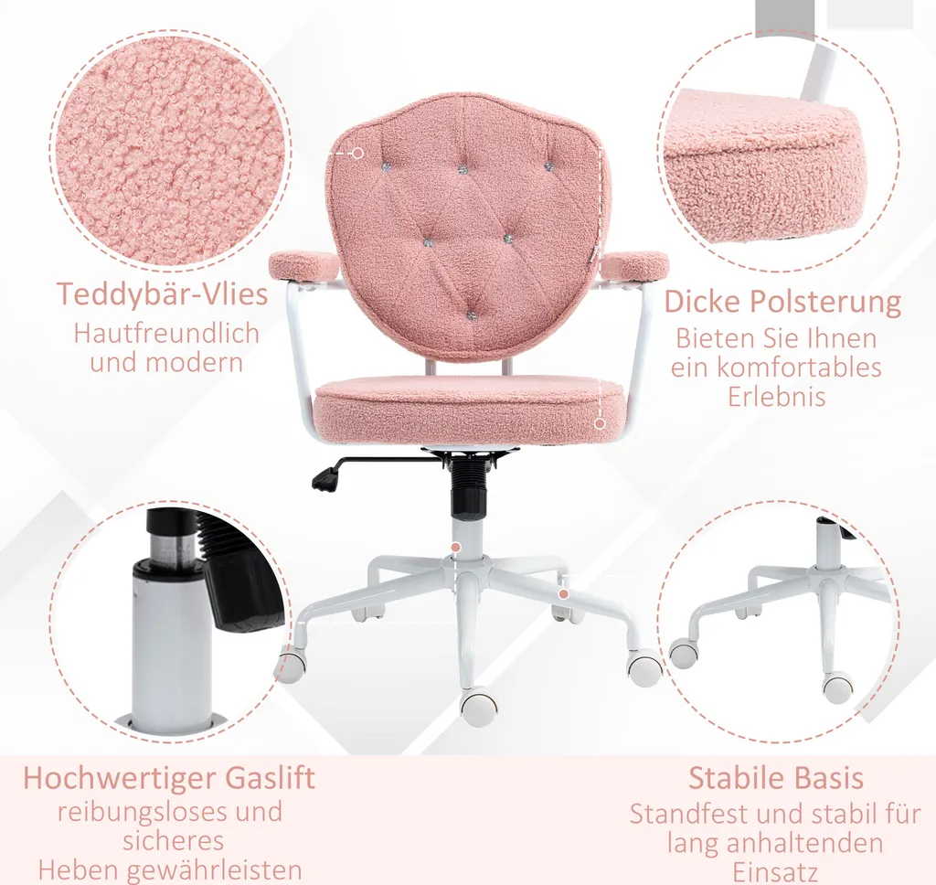 Sedia da ufficio HOMCOM, sedia da scrivania ergonomica con funzione dondolo, rivestimento con bottoni, sedia per computer regolabile in altezza con funzione girevole, per l'ufficio di casa, orsetto in pile, rosa - 7