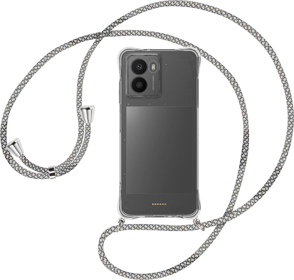 Handykette Backcover-Schutzhülle mit Band (Metall silberfarben) für HMD Fusion 5G - weiß/grau kariert