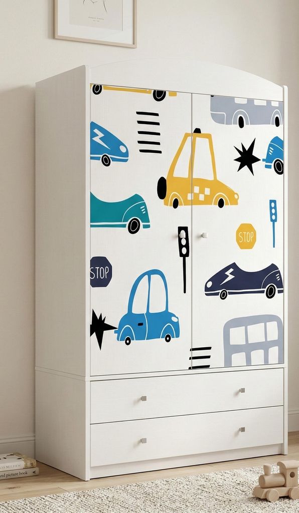 Kinderschrank Weiß modern 2 Türen 2 Schubladen Kleiderschrank Kinderzimmer mit Kleiderstange 88x187 cm, Autos