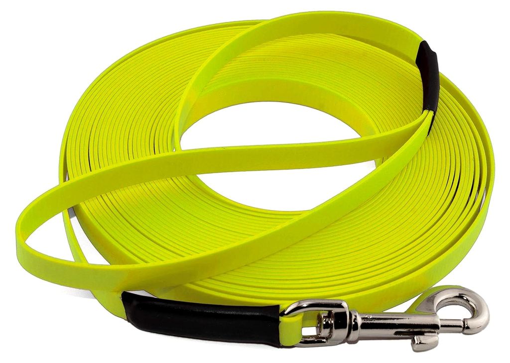 Leichte BioThane Schleppleine, 16 mm, für Hunde von 25-35 kg, 8 m lang, mit Handschlaufe, Neon-Gelb, genäht