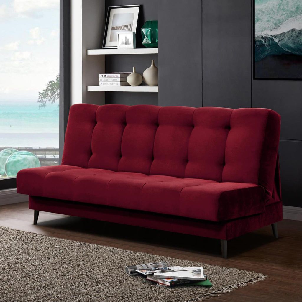 Schlafsofa Nancy Sofa mit Schlaffunktion Bettkasten Polstersofa aus Velour 195 cm Dreisitzer mit Holzbeine, Stoff: kronos 02 - kastanienrot