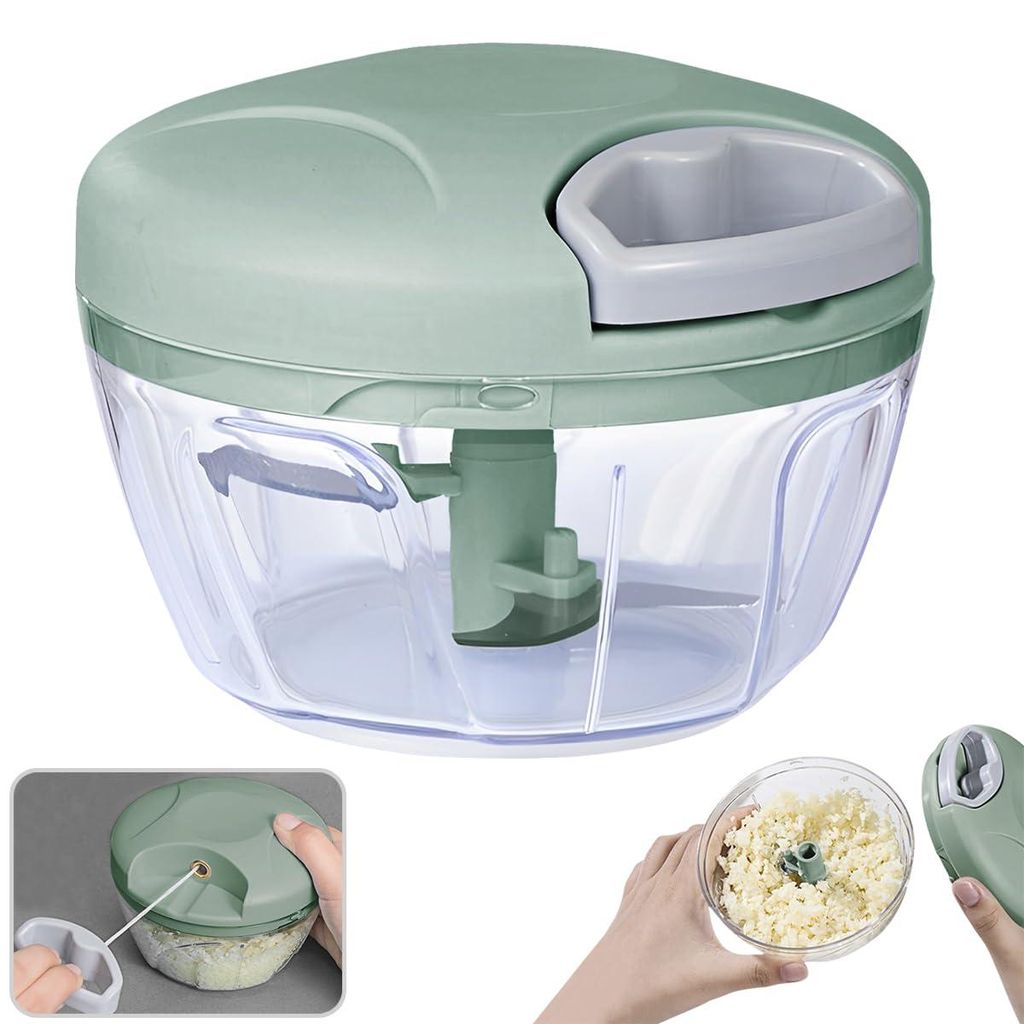 Manueller Zwiebelschneider 500ml, Gemüseschneider Handzerkleinerer Multizerkleinerer mit Edelstahlklingen für Zwiebeln Knoblauchnüsse (Grün)