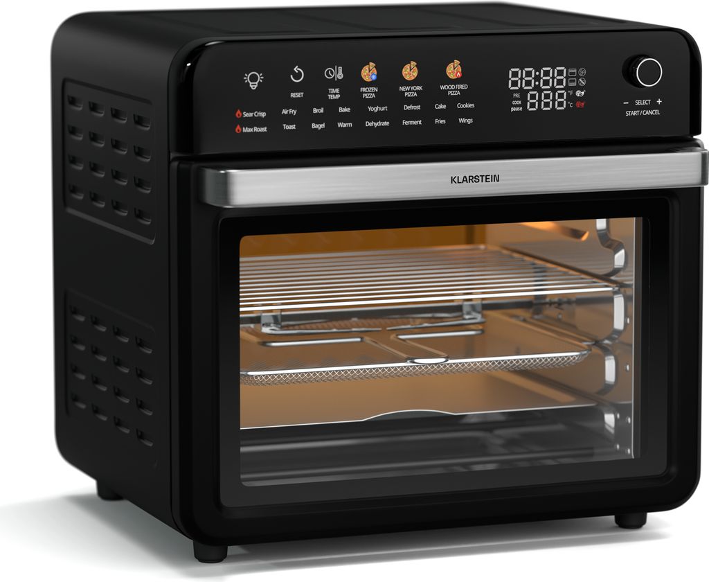 A black Klarstein AirGlaze Digital Air Fryer oven is shown from the front, with its door open to reveal the interior racks and a baking tray.