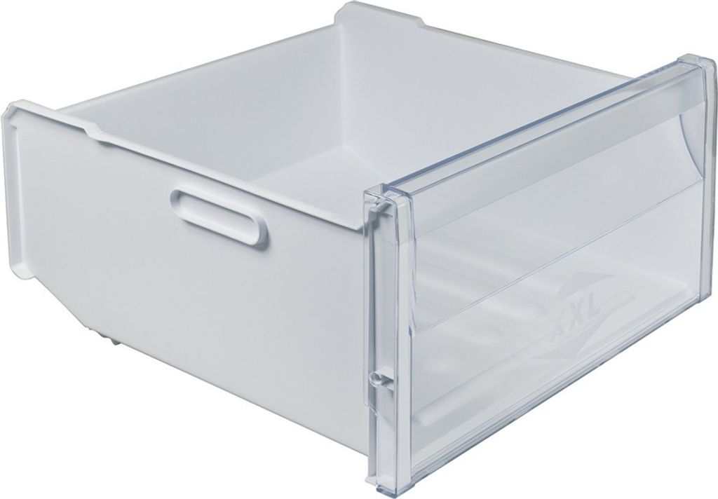A white and clear plastic drawer, likely for a refrigerator or freezer, shown with the front pulled out.