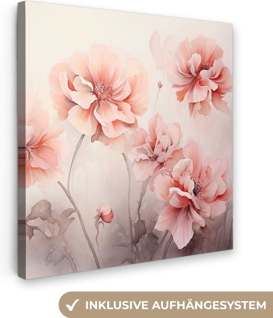MuchoWow - Leinwandbilder - Blumen - Rosa - Kunst - Abstrakt - Aquarell, Wandbild, Wanddeko Bilder Wohnzimmer, 90x90 cm