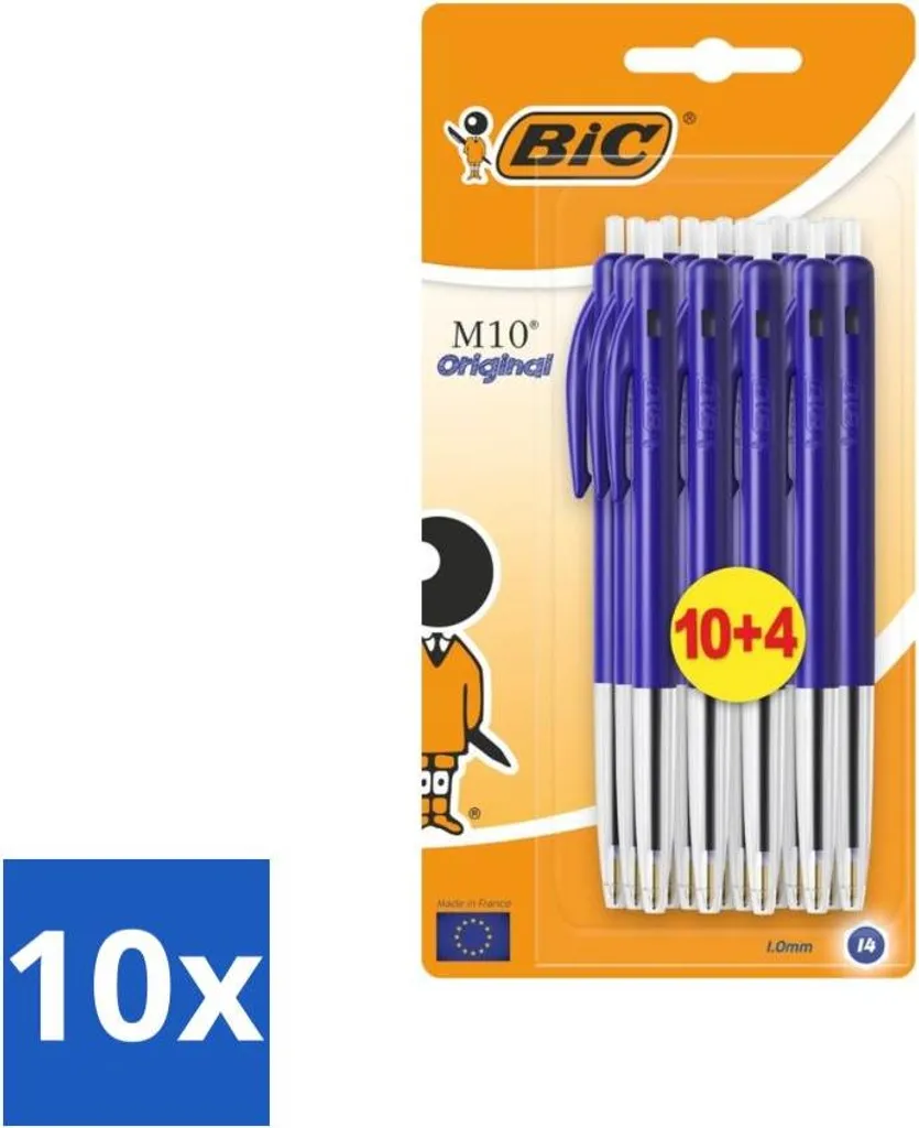 BIC - M10 Original - Penna a sfera con meccanismo a scatto - Blu - Punta da 1 mm - 14 penne - Confezione risparmio - 10 pezzi