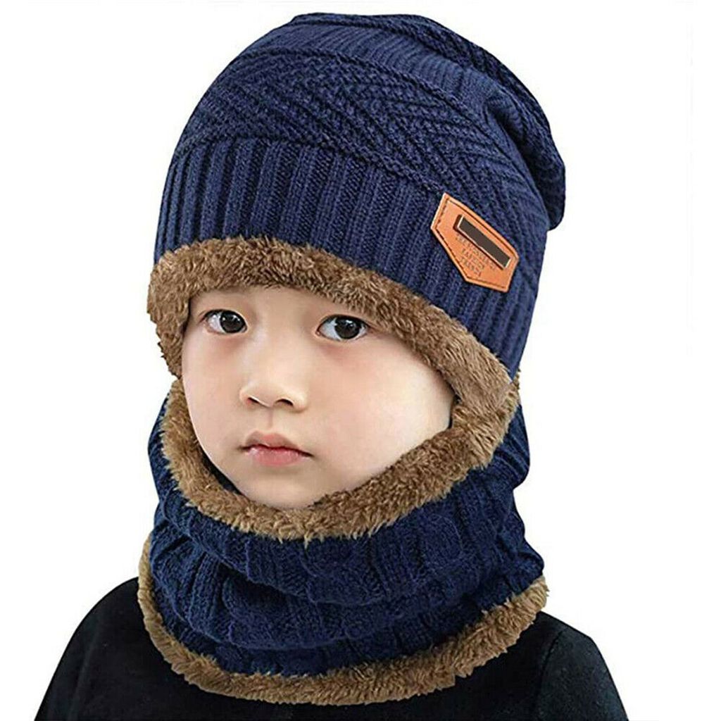 Herren Damen Kinder Beanie Strickmütze Winter Fleece Warm Mützen Loop Schal Hüte 