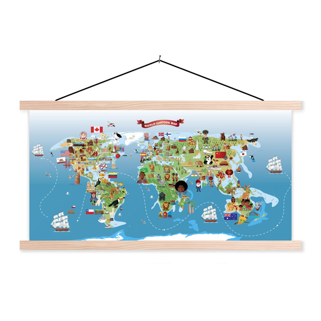 MuchoWow Textilposter Weltkarte Kinder - Tiere - Symbol 60x30 cm mit holzfarbenen Rahmen - Dekoration