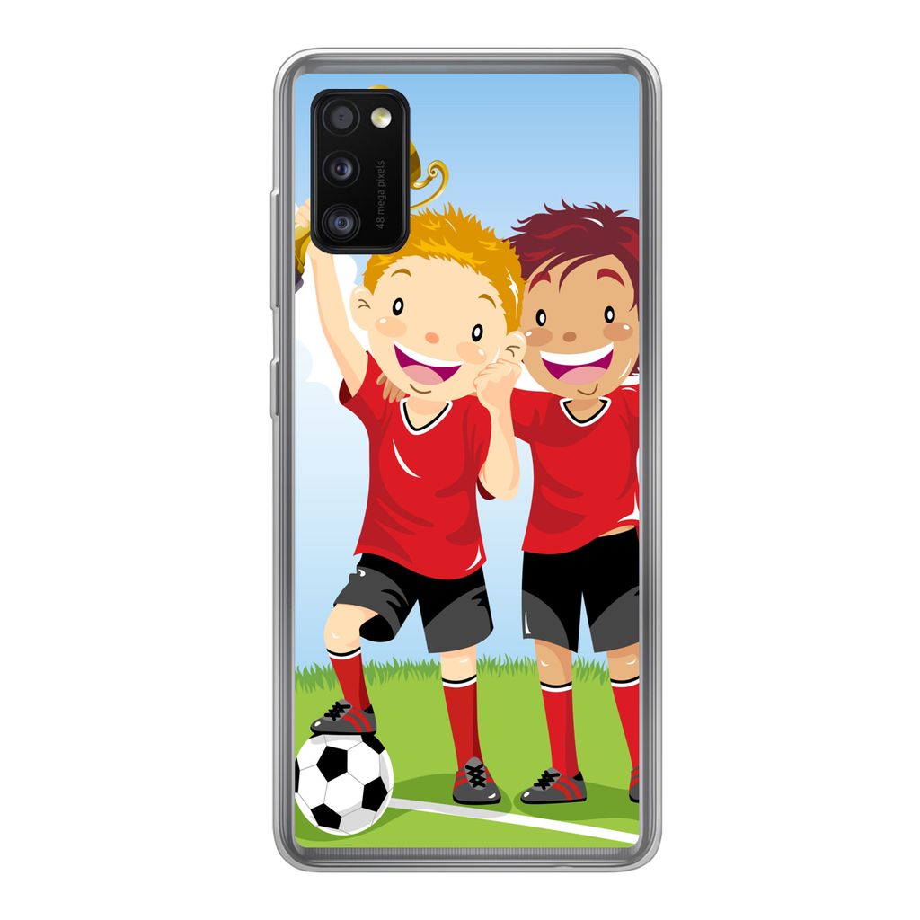 MuchoWow Handyhülle Schutzhülle Hülle für Samsung Galaxy A41 Eine Illustration von zwei Fußballspielern, die einen Preis gewonnen haben - Ju...