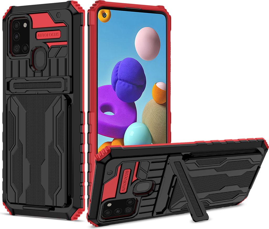 Galaxy A21S Hülle, Hybrid Robust Schutz Stoßfest Schutzhülle mit Kartenhalter Ständer für Samsung Galaxy A21S Rot