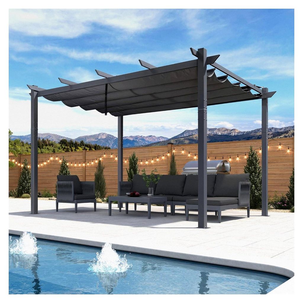 Pergola 3 x 4 m wasserdicht und stabil, winterfest, Aluminium Gartenpavillon mit Schiebedach, dunkelgrauer Rahmen mit Sonnenschutzüberdachung