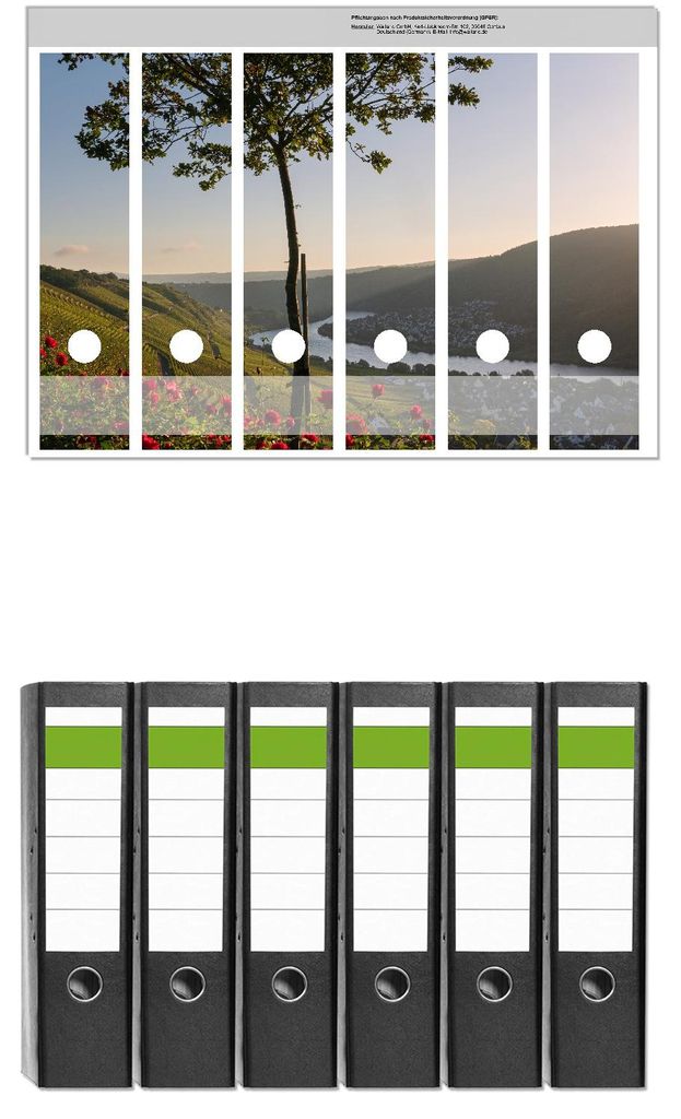 Wallario 6 Stück breite Ordner inkl. Klebeetiketten mit Motive Fluss im Abendlicht - Set mit Rückenschildern / Ordnerrücken Stickern
