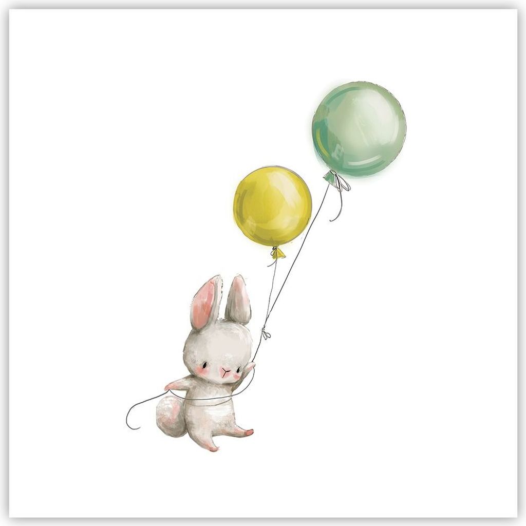 Poster - Poster ohne Rahmen - Häschen Luftballons Kinder - 40x40 cm - Wand Bild - Wanddeko - Wandbilder - Kunstposter - Wandposter - Bilder - Kuns...