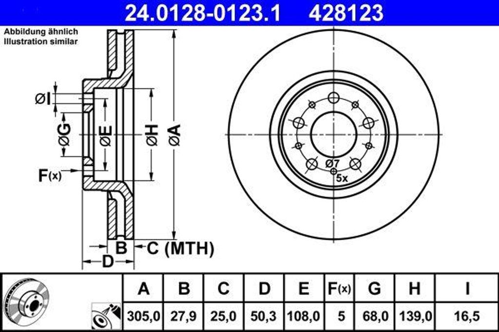 ATE 24.0128-0123.1 Bremsscheibe OE 272404 kompatibel mit S60, S80, V70, XC70