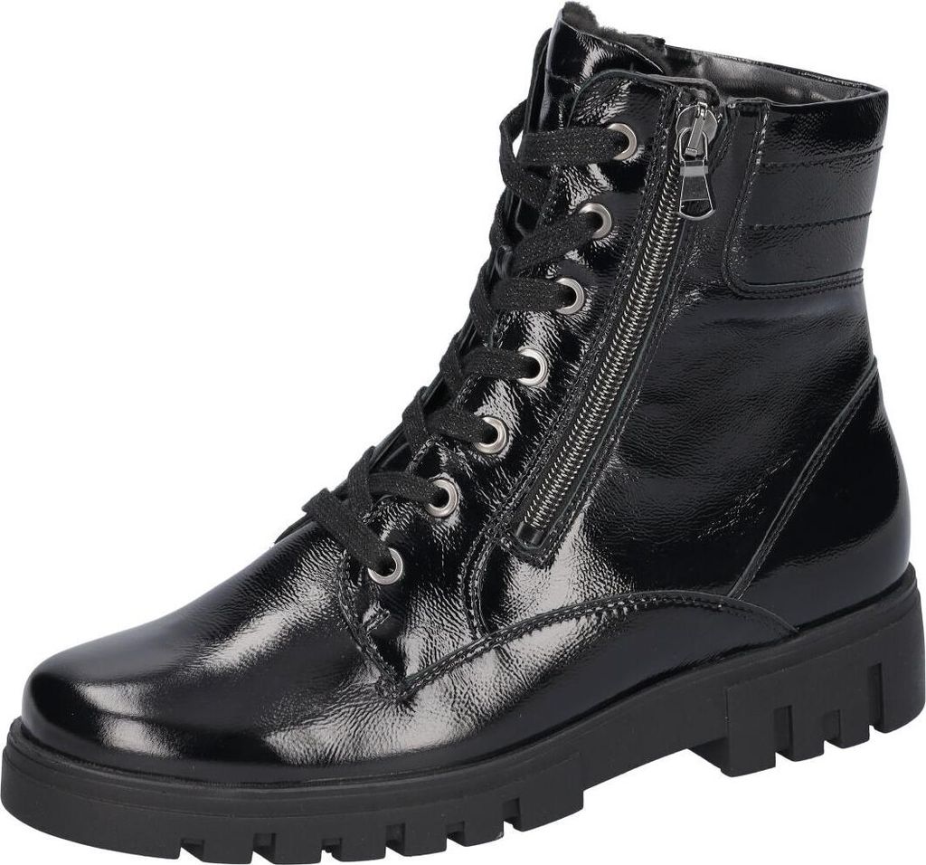 A black patent leather lace-up boot with a side zipper is shown against a white background.