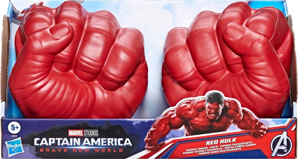 The image shows a product box for Marvel Captain America Brave New World Red Hulk Super grips. The box features a graphic of Red Hulk and the product itself, which are large red Hulk fists.