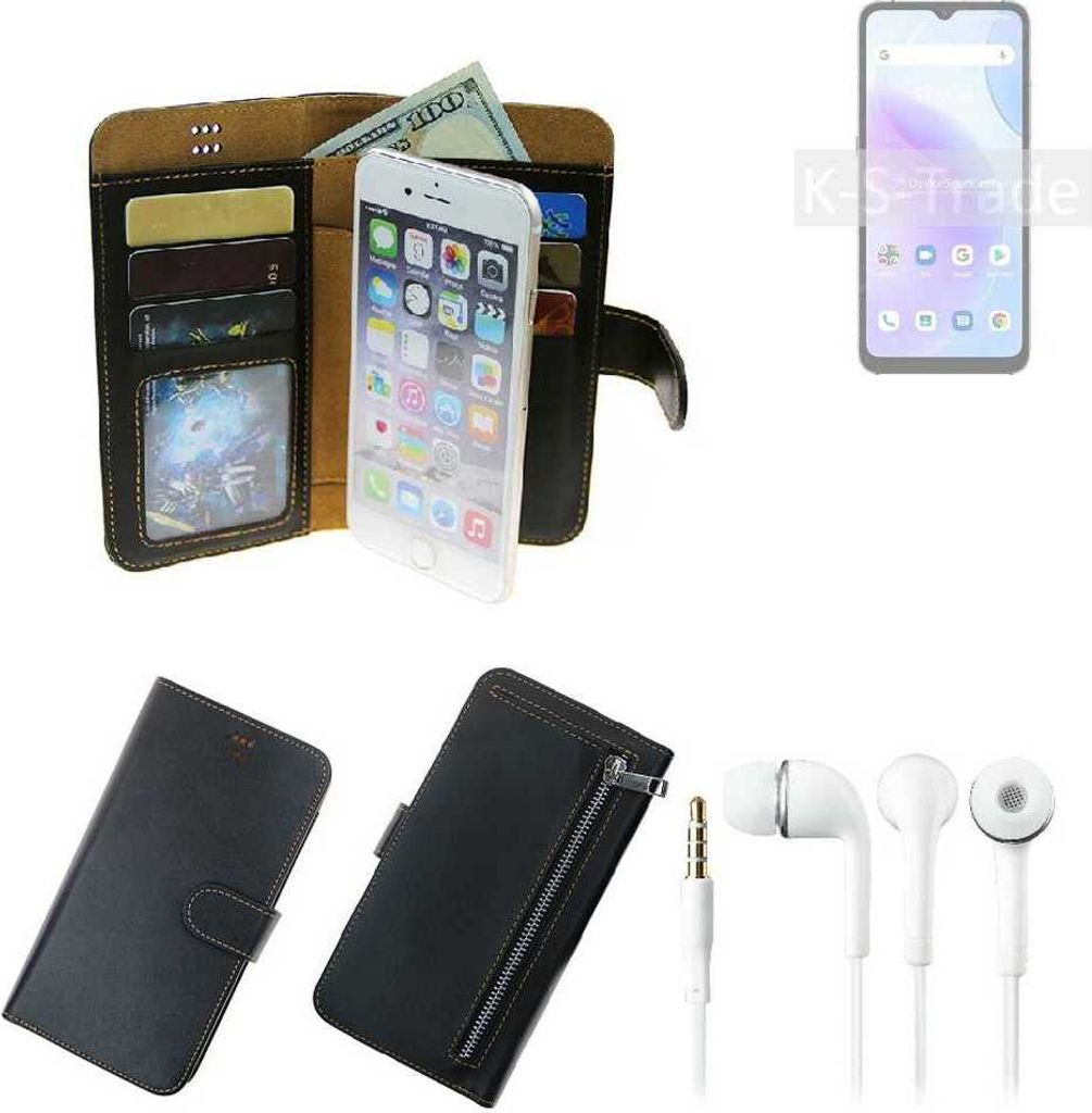 TOP SET Handy Hülle Schutz Hülle kompatibel mit UMIDIGI A11s schwarz aus Kunstleder + Kopfhörer Smartphone Tasche vollwertige Geldbörse