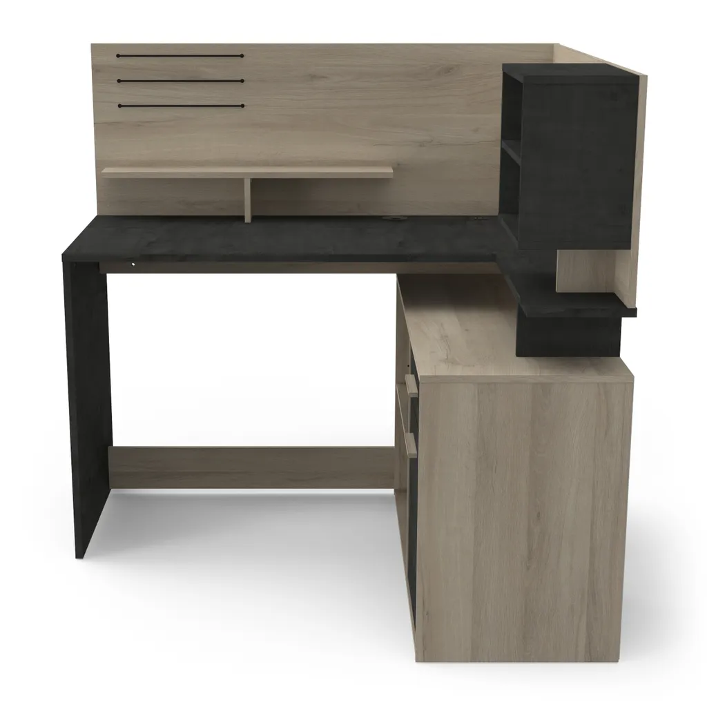 Bureau informatique d'angle avec rangements intégrés bois chêne clair - 3