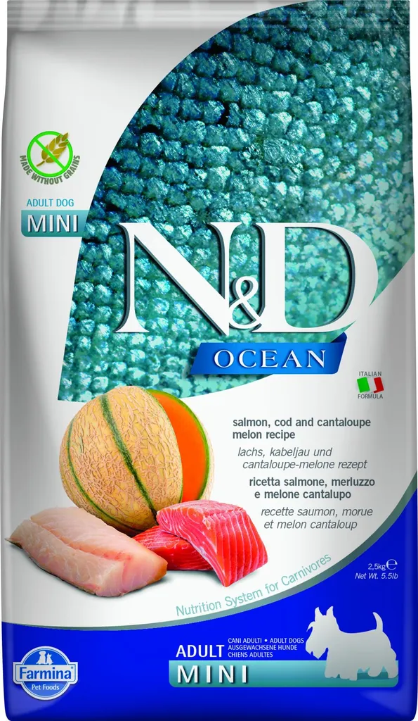 Crocchette N&D Ocean Mini Salmone Merluzzo Melone 2.5kg Farmina