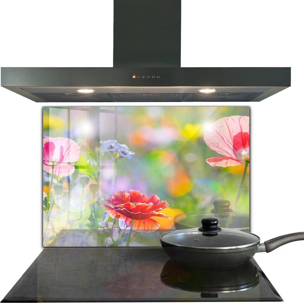 Spritzschutz aus Glas Küchenrückwand - Wandschutz für Herd und Spüle - 80x60 cm - Sommerwiese Mohnblumen