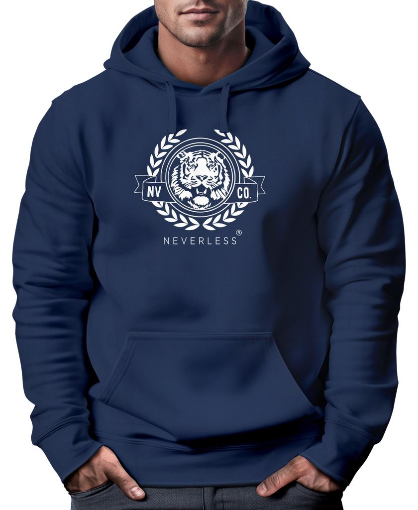 Hoodie Herren Schriftzug Oldschool Print Tiger Kapuzen-Pullover Bedruckt Männer Fashion Streetstyle Neverless navy weiß M