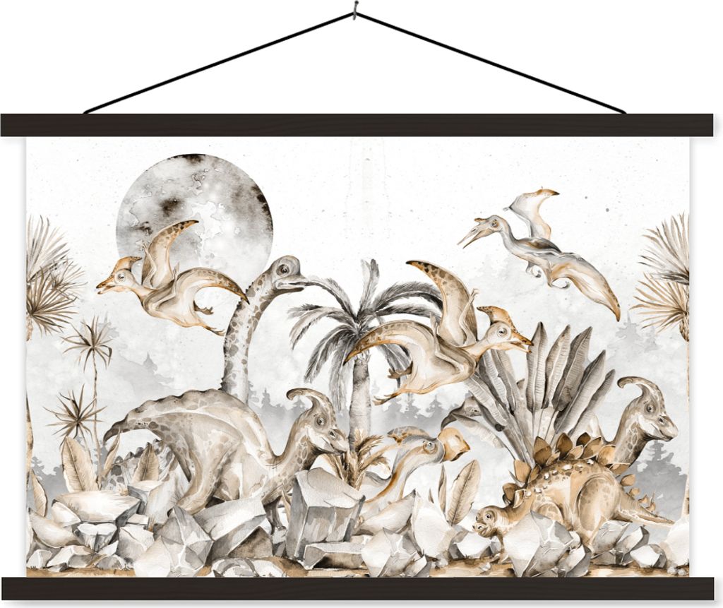 MuchoWow Textilposter Dino - Dschungel - Natur - Tiere - Kinder - Kinder 90x60 cm mit schwarzem Rahmen - Aufhängungssatz