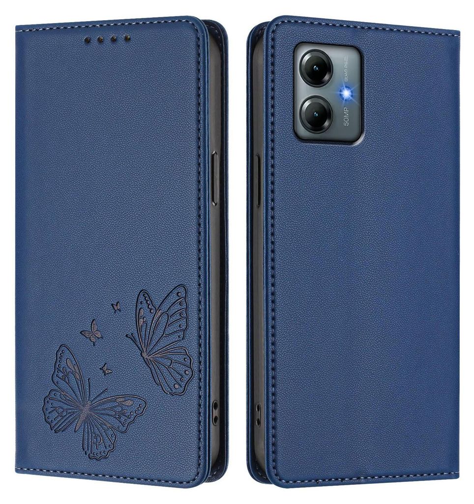 Lederhülle für Motorola Moto G Power 2025/G Play 2025, Schmetterling Prägung Leder Brieftasche Schutzhülle mit Ständer Dunkelblau