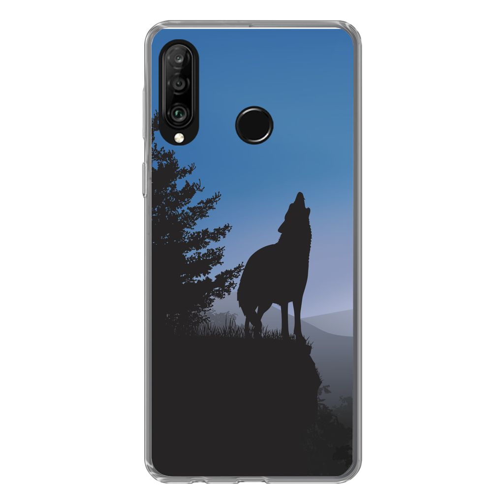 MuchoWow Handyhülle Schutzhülle Hülle für Huawei P30 Lite Wolf - Bäume - Scherenschnitt Silikon Softcase Handy Hülle - Handyhülle