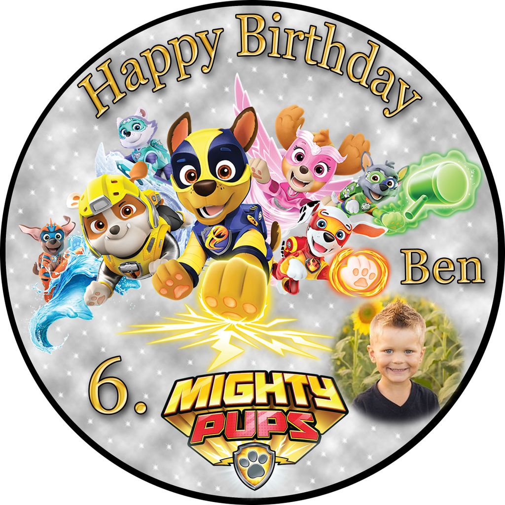Tortenaufleger Fototorte Tortenbild Kindergeburtstag Paw Patrol Mighty Pups PP04 (Zuckerpapier) Rund 20 cm Ø mit Foto Grau