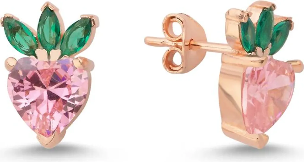 Puces d'oreilles fruits argent 925 et pierres roses pour femme